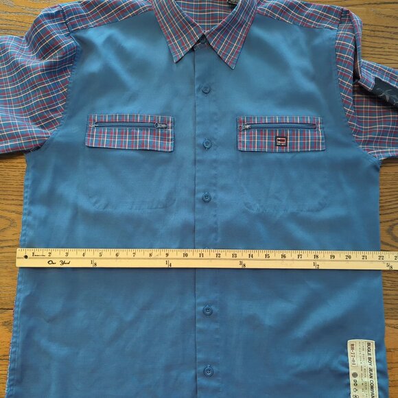 Bugle Boy Plaid Men's Vintage Blue Shirt M Patchwork Long Sleeve Retro Y2K - Picture 16 of 16